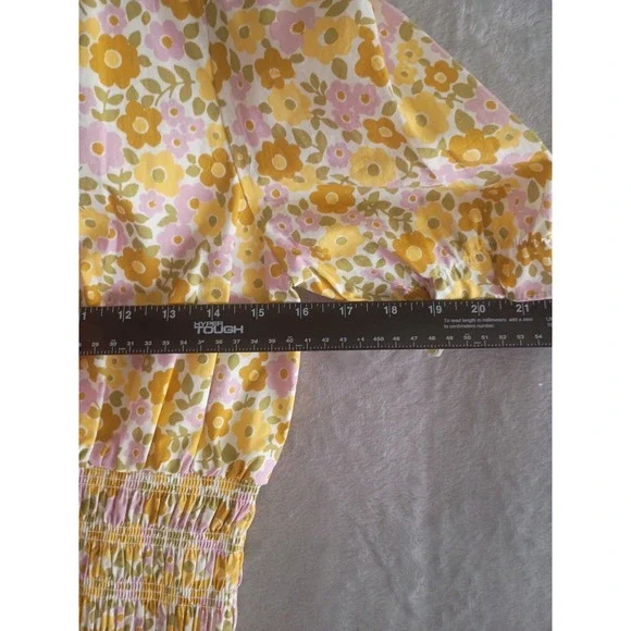 WAYF Retro Floral Print V-Neck Smocked Waist Top Size S Bright Boho Cottage core - Picture 3 of 8